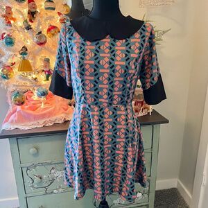 2 Hearts Retro Pinup Geo Print PeterPan Collar Black Blue Orange Dress See Dets.